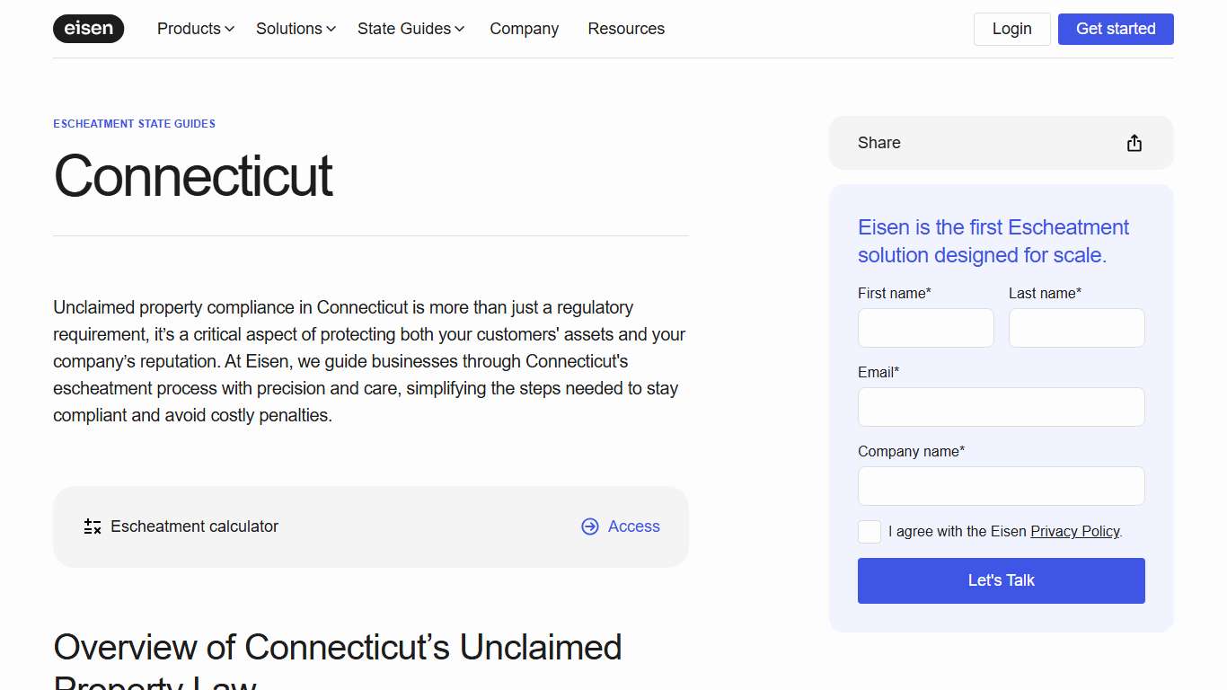 Connecticut Escheatment Guide | Eisen
